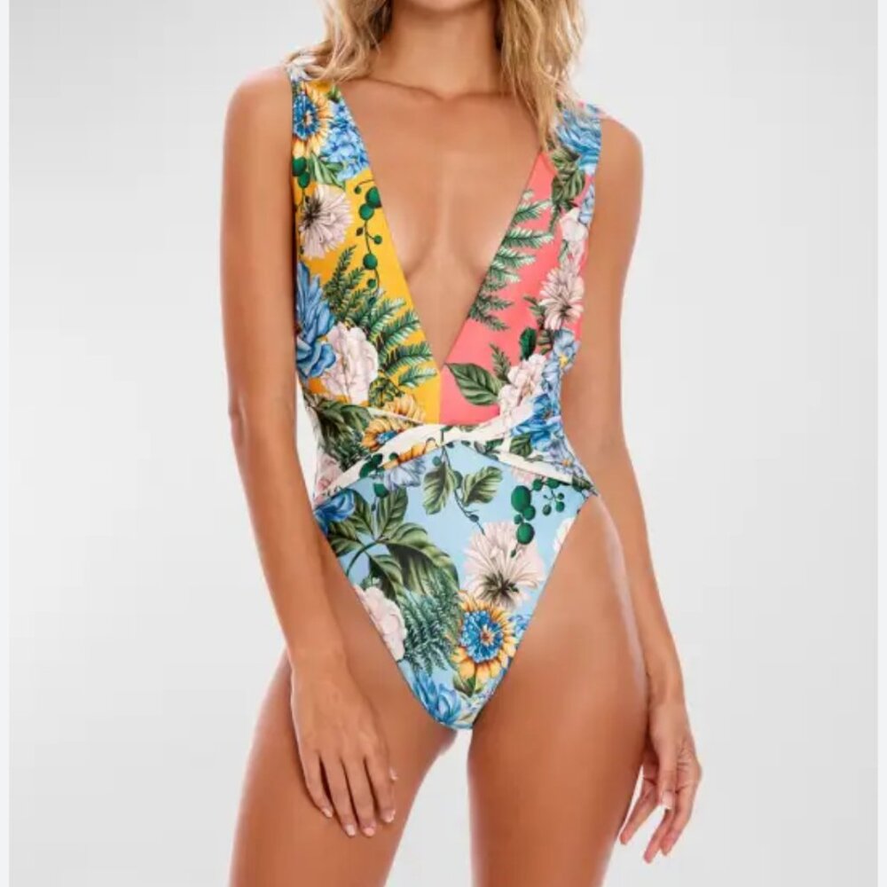 Free People Multicolor Floral Plunge One-Piece Swimsuit